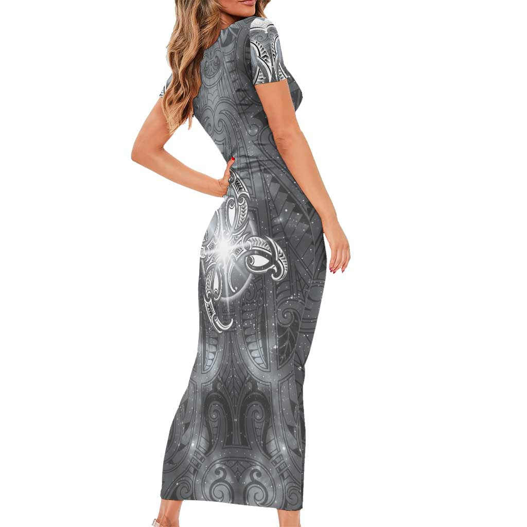 New Zealand Matariki Ururangi Short Sleeve Bodycon Dress Maori Moko Grey Galaxy