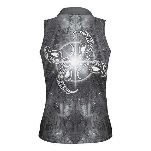 New Zealand Matariki Ururangi Women Sleeveless Polo Shirt Maori Moko Grey Galaxy