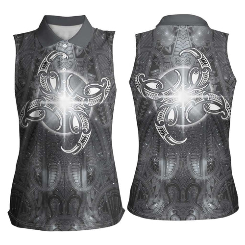 New Zealand Matariki Ururangi Women Sleeveless Polo Shirt Maori Moko Grey Galaxy