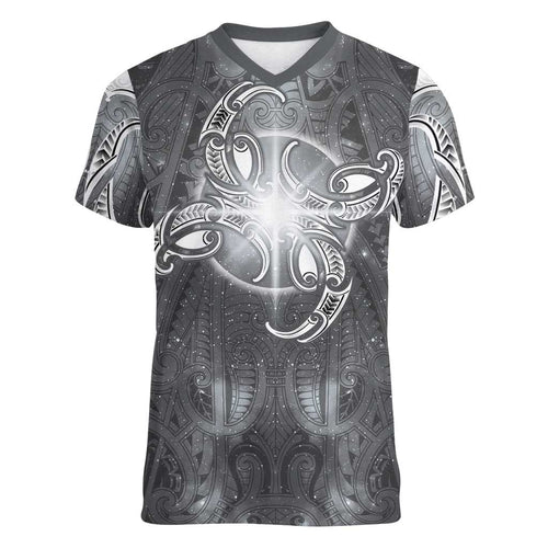 New Zealand Matariki Ururangi Women V-Neck T-Shirt Maori Moko Grey Galaxy