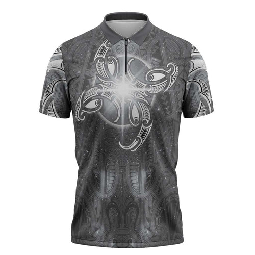 New Zealand Matariki Ururangi Zipper Polo Shirt Maori Moko Grey Galaxy
