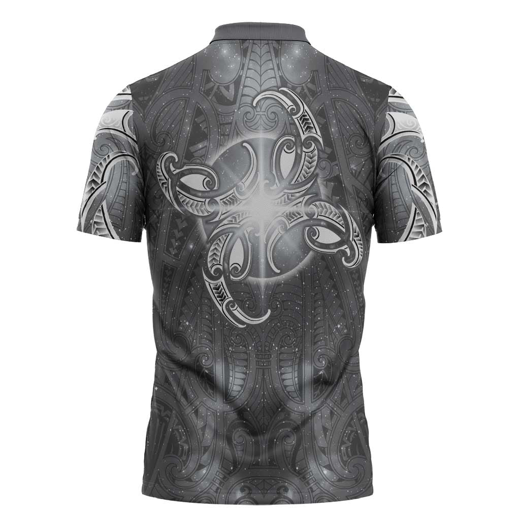 New Zealand Matariki Ururangi Zipper Polo Shirt Maori Moko Grey Galaxy