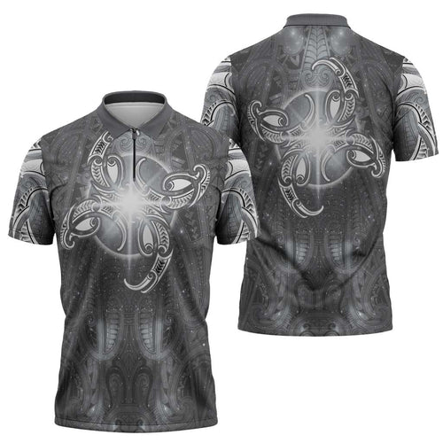 New Zealand Matariki Ururangi Zipper Polo Shirt Maori Moko Grey Galaxy
