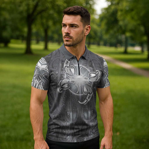 New Zealand Matariki Ururangi Zipper Polo Shirt Maori Moko Grey Galaxy