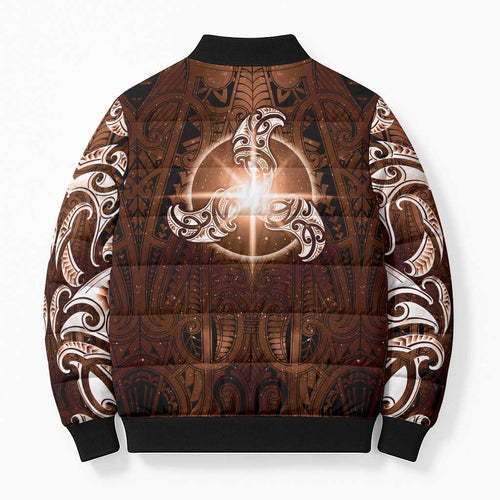 New Zealand Matariki Tupuanuku Bomber Puffer Jacket Maori Moko Brown Galaxy