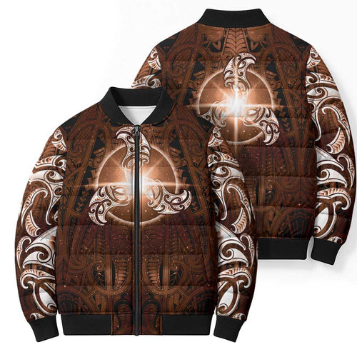 New Zealand Matariki Tupuanuku Bomber Puffer Jacket Maori Moko Brown Galaxy