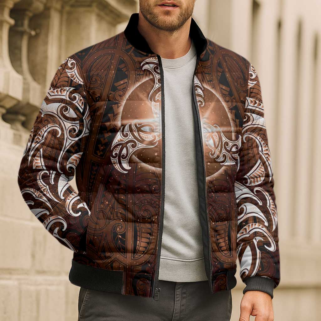 New Zealand Matariki Tupuanuku Bomber Puffer Jacket Maori Moko Brown Galaxy