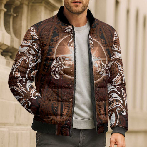 New Zealand Matariki Tupuanuku Bomber Puffer Jacket Maori Moko Brown Galaxy