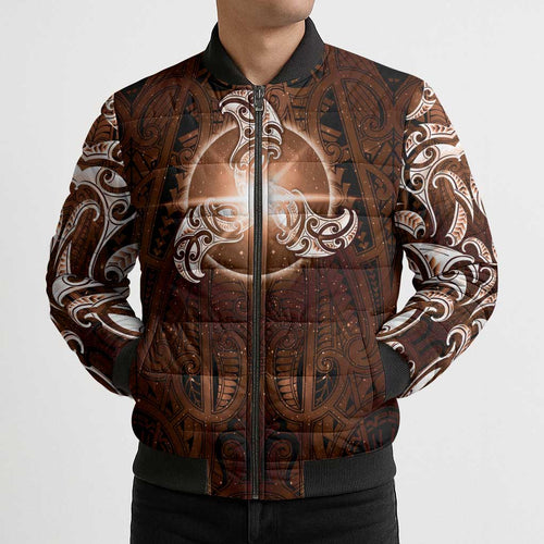 New Zealand Matariki Tupuanuku Bomber Puffer Jacket Maori Moko Brown Galaxy