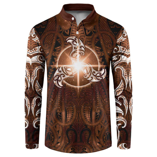 New Zealand Matariki Tupuanuku Button Sweatshirt Maori Moko Brown Galaxy