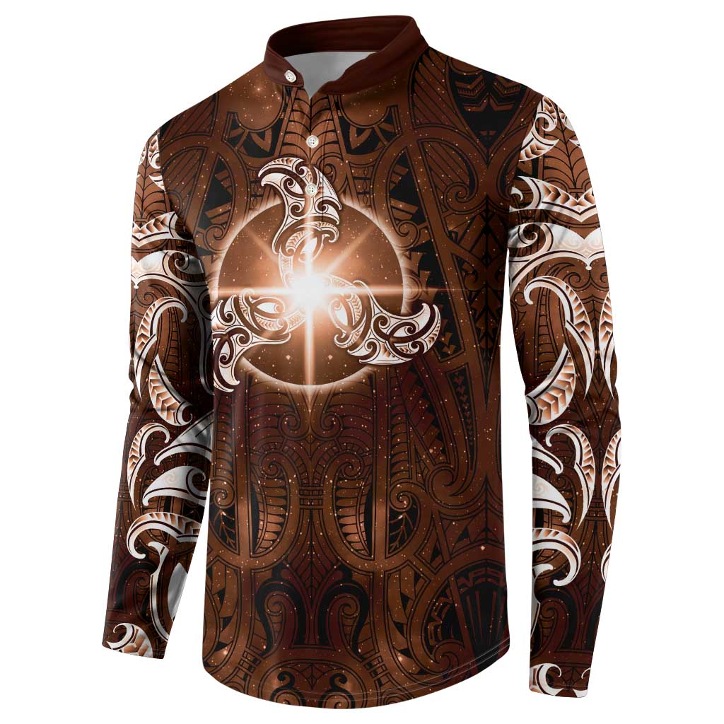 New Zealand Matariki Tupuanuku Button Sweatshirt Maori Moko Brown Galaxy