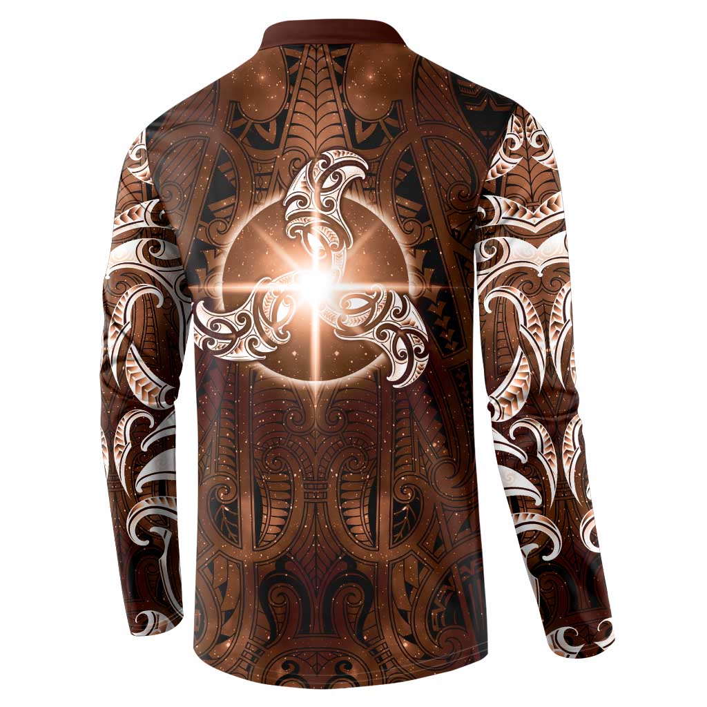 New Zealand Matariki Tupuanuku Button Sweatshirt Maori Moko Brown Galaxy