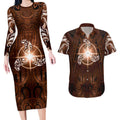 New Zealand Matariki Tupuanuku Couples Matching Long Sleeve Bodycon Dress and Hawaiian Shirt Maori Moko Brown Galaxy