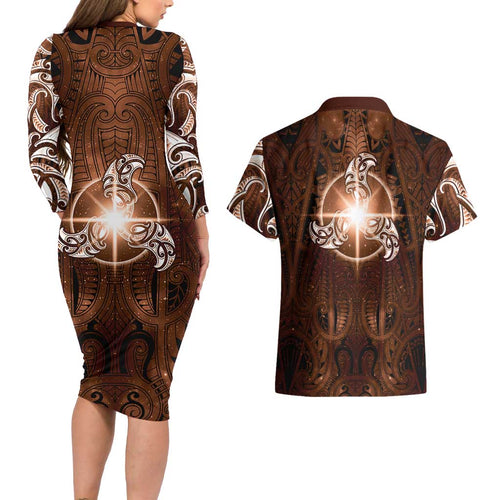 New Zealand Matariki Tupuanuku Couples Matching Long Sleeve Bodycon Dress and Hawaiian Shirt Maori Moko Brown Galaxy