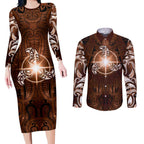 New Zealand Matariki Tupuanuku Couples Matching Long Sleeve Bodycon Dress and Long Sleeve Button Shirt Maori Moko Brown Galaxy