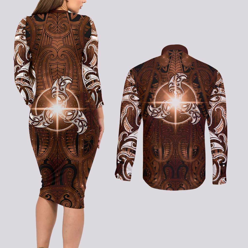 New Zealand Matariki Tupuanuku Couples Matching Long Sleeve Bodycon Dress and Long Sleeve Button Shirt Maori Moko Brown Galaxy