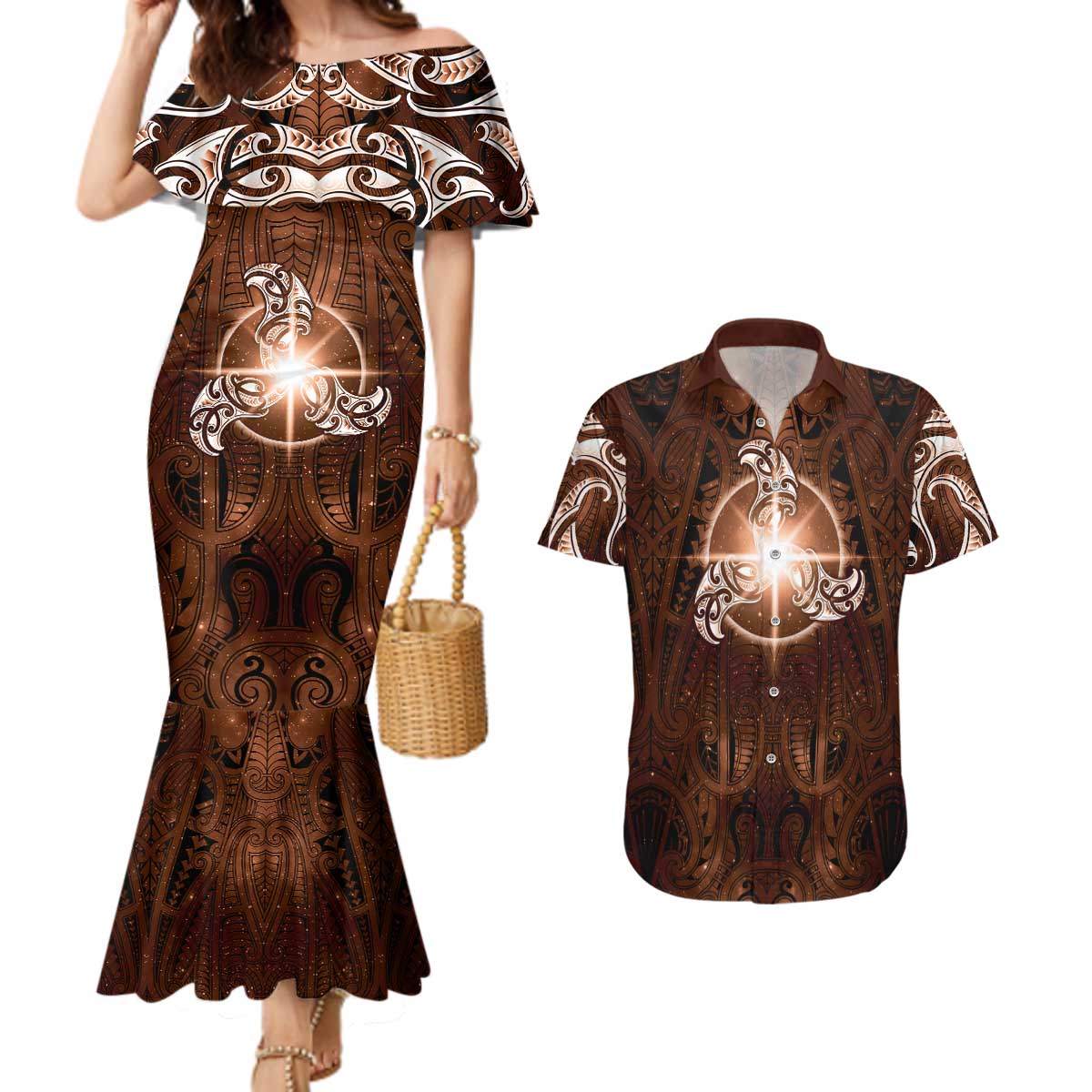 New Zealand Matariki Tupuanuku Couples Matching Mermaid Dress and Hawaiian Shirt Maori Moko Brown Galaxy