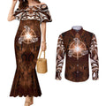New Zealand Matariki Tupuanuku Couples Matching Mermaid Dress and Long Sleeve Button Shirt Maori Moko Brown Galaxy