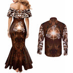 New Zealand Matariki Tupuanuku Couples Matching Mermaid Dress and Long Sleeve Button Shirt Maori Moko Brown Galaxy