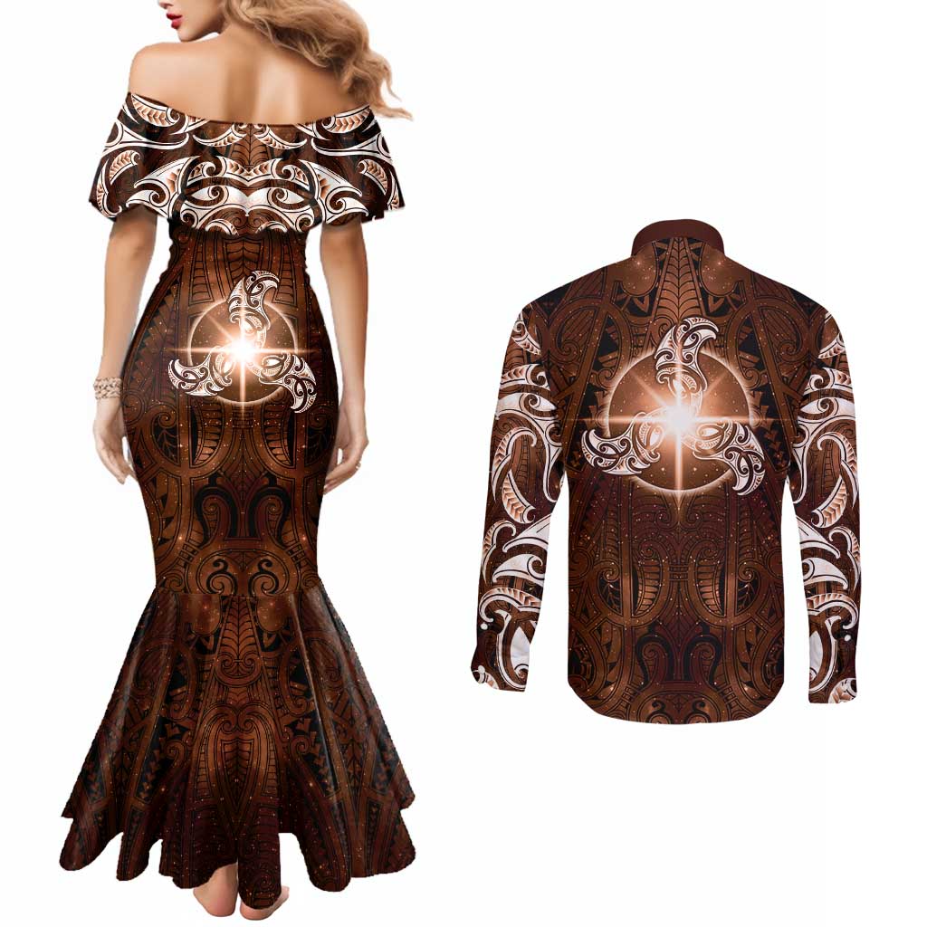 New Zealand Matariki Tupuanuku Couples Matching Mermaid Dress and Long Sleeve Button Shirt Maori Moko Brown Galaxy