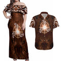 New Zealand Matariki Tupuanuku Couples Matching Off Shoulder Maxi Dress and Hawaiian Shirt Maori Moko Brown Galaxy