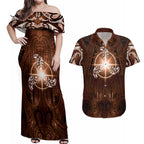 New Zealand Matariki Tupuanuku Couples Matching Off Shoulder Maxi Dress and Hawaiian Shirt Maori Moko Brown Galaxy