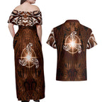 New Zealand Matariki Tupuanuku Couples Matching Off Shoulder Maxi Dress and Hawaiian Shirt Maori Moko Brown Galaxy