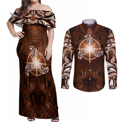 New Zealand Matariki Tupuanuku Couples Matching Off Shoulder Maxi Dress and Long Sleeve Button Shirt Maori Moko Brown Galaxy