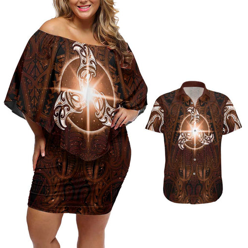 New Zealand Matariki Tupuanuku Couples Matching Off Shoulder Short Dress and Hawaiian Shirt Maori Moko Brown Galaxy