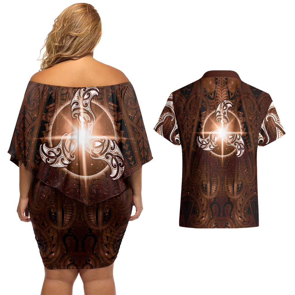 New Zealand Matariki Tupuanuku Couples Matching Off Shoulder Short Dress and Hawaiian Shirt Maori Moko Brown Galaxy