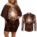 New Zealand Matariki Tupuanuku Couples Matching Off Shoulder Short Dress and Long Sleeve Button Shirt Maori Moko Brown Galaxy