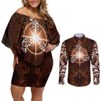 New Zealand Matariki Tupuanuku Couples Matching Off Shoulder Short Dress and Long Sleeve Button Shirt Maori Moko Brown Galaxy