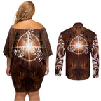 New Zealand Matariki Tupuanuku Couples Matching Off Shoulder Short Dress and Long Sleeve Button Shirt Maori Moko Brown Galaxy