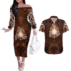 New Zealand Matariki Tupuanuku Couples Matching Off The Shoulder Long Sleeve Dress and Hawaiian Shirt Maori Moko Brown Galaxy