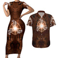 New Zealand Matariki Tupuanuku Couples Matching Short Sleeve Bodycon Dress and Hawaiian Shirt Maori Moko Brown Galaxy