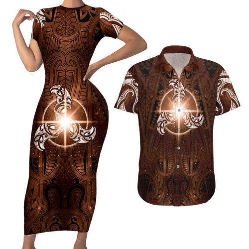 New Zealand Matariki Tupuanuku Couples Matching Short Sleeve Bodycon Dress and Hawaiian Shirt Maori Moko Brown Galaxy