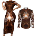 New Zealand Matariki Tupuanuku Couples Matching Short Sleeve Bodycon Dress and Long Sleeve Button Shirt Maori Moko Brown Galaxy