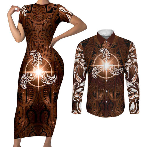 New Zealand Matariki Tupuanuku Couples Matching Short Sleeve Bodycon Dress and Long Sleeve Button Shirt Maori Moko Brown Galaxy