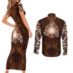 New Zealand Matariki Tupuanuku Couples Matching Short Sleeve Bodycon Dress and Long Sleeve Button Shirt Maori Moko Brown Galaxy