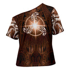 New Zealand Matariki Tupuanuku Cross Shoulder Shirt Maori Moko Brown Galaxy