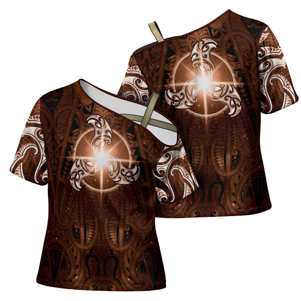 New Zealand Matariki Tupuanuku Cross Shoulder Shirt Maori Moko Brown Galaxy