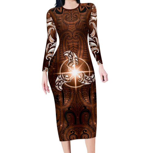 New Zealand Matariki Tupuanuku Family Matching Long Sleeve Bodycon Dress and Hawaiian Shirt Maori Moko Brown Galaxy