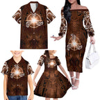 New Zealand Matariki Tupuanuku Family Matching Off The Shoulder Long Sleeve Dress and Hawaiian Shirt Maori Moko Brown Galaxy