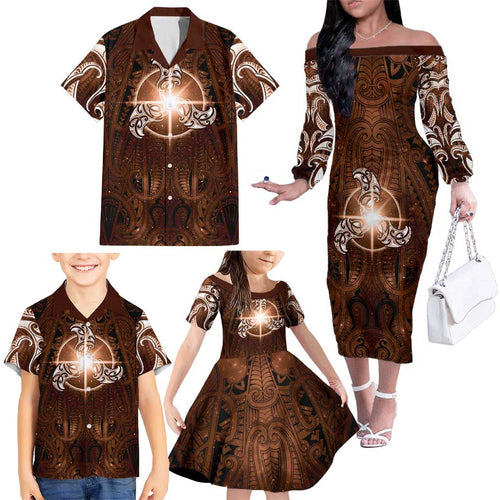 New Zealand Matariki Tupuanuku Family Matching Off The Shoulder Long Sleeve Dress and Hawaiian Shirt Maori Moko Brown Galaxy