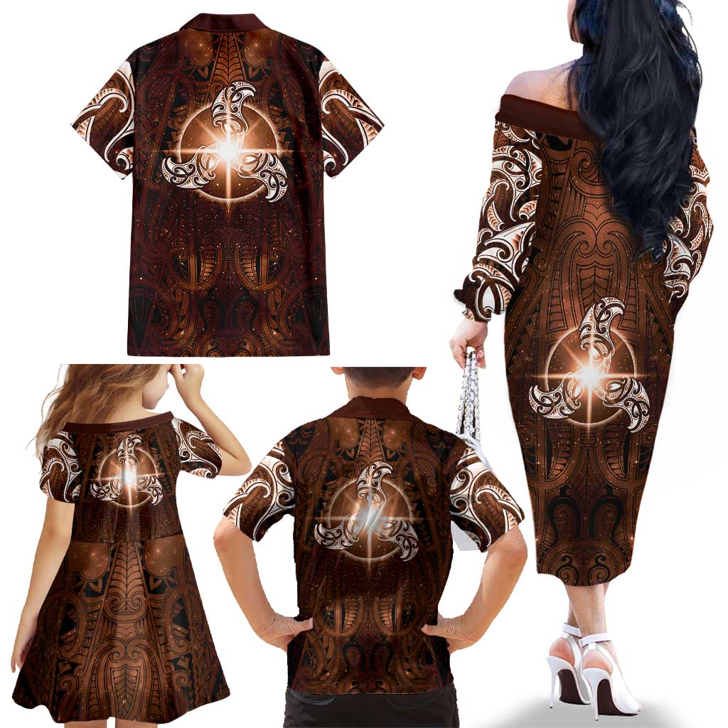 New Zealand Matariki Tupuanuku Family Matching Off The Shoulder Long Sleeve Dress and Hawaiian Shirt Maori Moko Brown Galaxy