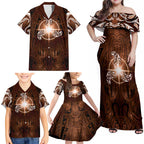 New Zealand Matariki Tupuanuku Family Matching Off Shoulder Maxi Dress and Hawaiian Shirt Maori Moko Brown Galaxy