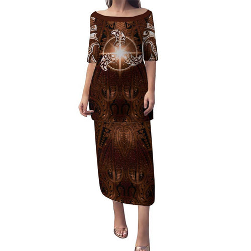 New Zealand Matariki Tupuanuku Family Matching Puletasi and Hawaiian Shirt Maori Moko Brown Galaxy