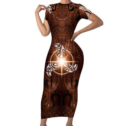 New Zealand Matariki Tupuanuku Family Matching Short Sleeve Bodycon Dress and Hawaiian Shirt Maori Moko Brown Galaxy