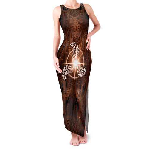 New Zealand Matariki Tupuanuku Family Matching Tank Maxi Dress and Hawaiian Shirt Maori Moko Brown Galaxy
