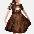 New Zealand Matariki Tupuanuku Kid Short Sleeve Dress Maori Moko Brown Galaxy